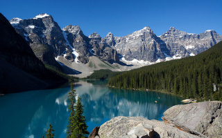 Photo of a Canadian lake surrounded by mountians